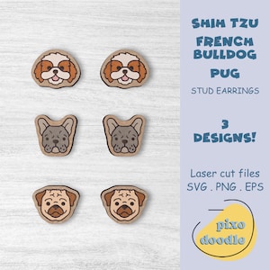 Lot de boucles d'oreilles pour chien SVG | Puces d'oreilles chiens mignons, shih tzu, bouledogue français, carlin, fichier découpé au laser prêt pour la forge