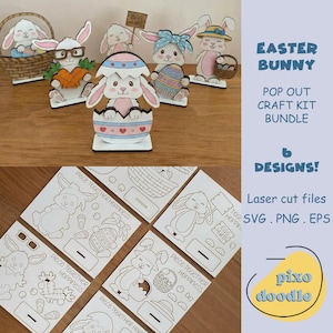 May include: An image featuring Easter bunny pop-out craft kit designs. The image shows six assembled bunny figures with accessories, and six line drawings of the same designs. Text on the image reads "Easter Bunny Pop Out Craft Kit Bundle 6 Designs!"