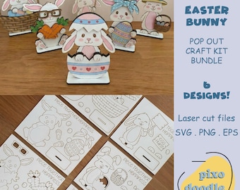 May include: A collection of Easter bunny pop-out craft kit designs. The image shows six assembled bunny figures with various accessories, and six line drawings of the same designs. Text on the image reads "Easter Bunny Pop Out Craft Kit Bundle 6 Designs!"