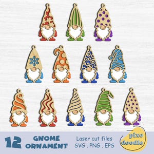 May include: Twelve wooden gnome ornaments with various hat designs, including patterns like snowflakes, polka dots, and stripes. Each gnome has a white beard and colorful accents. The text "12 GNOME ORNAMENT" is at the bottom.