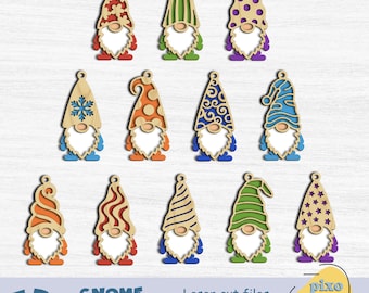 Gnome Ornament SVG Bundle, 12 Farmhouse Christmas Laser Files, Multi Layer Scandinavian Gnome for Glowforge