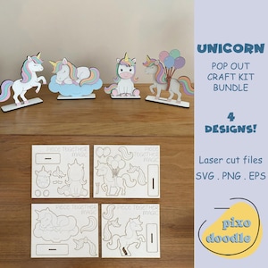 May include: A collection of unicorn-themed pop-out craft kits. The image shows four assembled unicorn figures with colorful manes and tails, along with four unassembled laser-cut design sheets. Text on the image reads "UNICORN POP OUT CRAFT KIT BUNDLE 4 DESIGNS!"