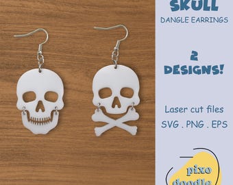 Archivo SVG de pendientes de calavera / Halloween, Película de terror, Pendientes colgantes de calavera y huesos, archivo de corte láser listo para Glowforge / Archivo láser de pendientes
