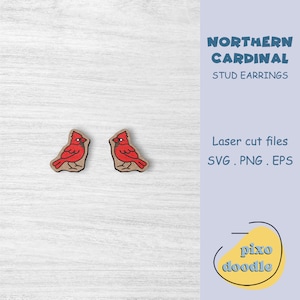 May include: A pair of wooden stud earrings featuring a red cardinal bird design. The earrings are laser cut and come with SVG, PNG, and EPS files. The text "NORTHERN CARDINAL STUD EARRINGS" and "Laser cut files SVG. PNG. EPS" is visible in the image. The text "pixo doodle" is also visible in the image.