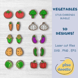 Paquete SVG de pendientes de verduras: tomate, brócoli, zanahoria, ajo, maíz, berenjena, patata, pepino, repollo y pimiento, archivo cortado con láser.