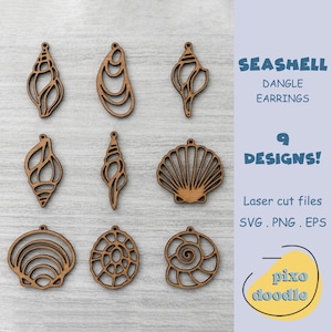 May include: Nine wooden seashell dangle earring designs are displayed on a light gray surface. The earrings are laser cut and feature various shell shapes. The text "Seashell Dangle Earrings" and "9 Designs!" is visible.