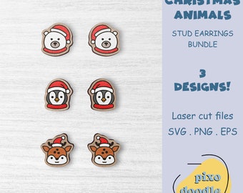 May include: Set of six laser cut wooden Christmas animal stud earrings. The earrings feature a polar bear, penguin, and reindeer wearing Santa hats. The text "CHRISTMAS ANIMALS" and "STUD EARRINGS BUNDLE" is displayed in white text on a light purple background. The text "3 DESIGNS!" is displayed in white text on a light blue background. The text "Laser cut files SVG. PNG. EPS" is displayed in white text on a light blue background. The text "pixo doodle" is displayed in white text on a yellow background.
