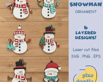 Layered Snowman Ornament SVG Bundle, Christmas Laser Cut File, Winter Wonderland Decor, Cute Snowman SVG, 3D Holiday Glowforge File