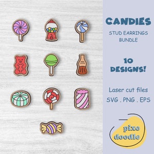 Paquete SVG de pendientes de caramelo / Dulces kawaii, piruleta linda, máquina de dulces, osito de goma, pendientes de botón de malvavisco, archivo de corte láser listo para Glowforge