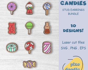 Candy earrings SVG bundle | Kawaii candy, cute lollipop, candy machine, gummy bear, marshmallow stud earrings glowforge ready laser cut file