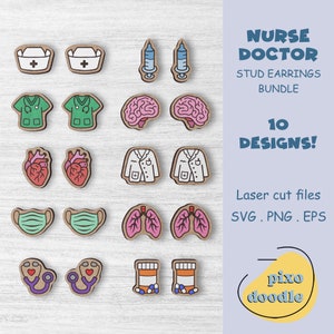 Nurse Doctor earrings SVG bundle | Medical themed, hospital, organs stud earrings glowforge ready laser cut file
