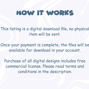 May include: Text on a white background with a blue swirl pattern. The text reads "HOW IT WORKS" and explains that this listing is a digital download file, no physical item will be sent. It also explains that once payment is complete, the files will be available for download in your account. The text also states that the purchase of all digital designs includes a free commercial license. It encourages the buyer to read the terms and conditions in the description.
