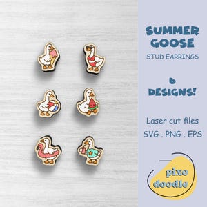 May include: Wooden stud earrings with six summer goose designs. Each earring depicts a cartoon goose with summer accessories, including sunglasses, a beach ball, and watermelon. The text "Summer Goose Stud Earrings" is also visible.