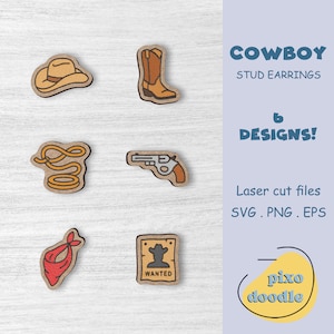 Cowboy earrings SVG bundle | Wild West, Cowboy hat, Cowboy boots, Ranch rope, Pistol stud earrings glowforge ready laser cut file