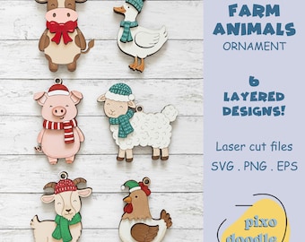 Layered Christmas Ornament SVG Bundle, Farm Animals Laser Cut File, 3D Farmhouse Christmas SVG, Cow Pig Sheep, Glowforge File