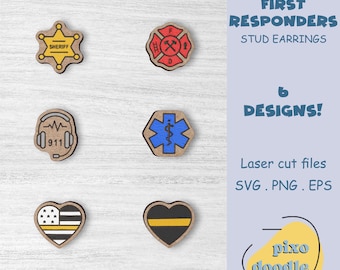 May include: Six laser cut designs for stud earrings featuring first responder symbols. The designs include a sheriff's star, a fire department logo, a medical symbol, a 911 headset, a thin blue line heart, and a thin yellow line heart. The designs are on a light wood background. The text "First Responders Stud Earrings" and "6 Designs!" are in blue text. The text "Laser cut files SVG. PNG. EPS" is in black text. The text "pixo doodle" is in yellow text.