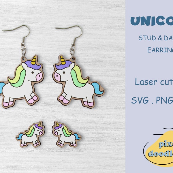 Cute unicorn earrings SVG file | Unicorn stud and dangle earrings glowforge ready laser cut file