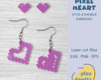 Puede incluir: Pendientes de corazón pixelado morado, con cierre de botón y parte colgante. Archivos de corte láser: SVG, PNG, EPS. Pixo Doodle.