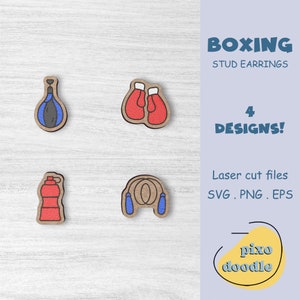 Pendientes de boxeo Archivo SVG / Equipos de boxeo, Guantes de boxeo, Bolsa de velocidad, Cuerda para saltar, Pendientes de botella de agua archivo de corte láser listo para brillar