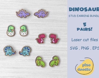 Dinosaur stud earrings SVG bundle | Cute dinosaurs earrings glowforge ready laser cut file