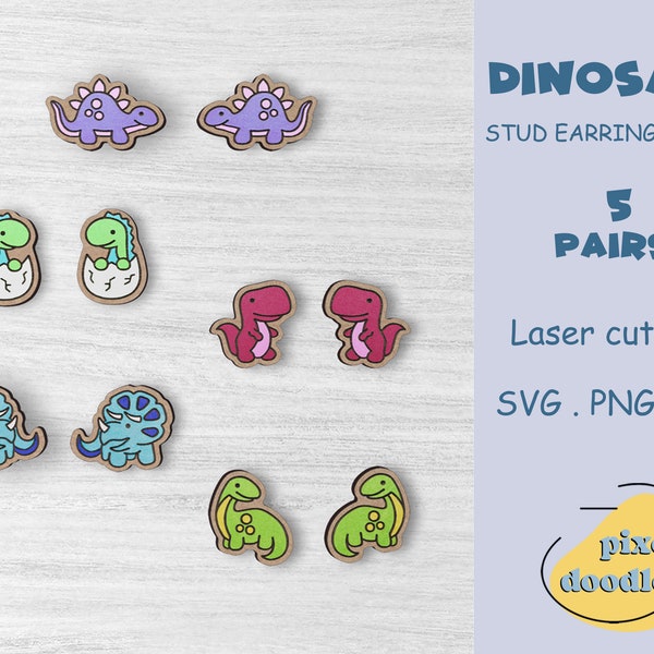 Dinosaur stud earrings SVG bundle | Cute dinosaurs earrings glowforge ready laser cut file