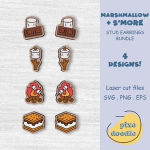 Paquete SVG de pendientes S'mores / Dulces, s'mores, camping, malvaviscos, pendientes tipo botón para fogata, archivo de corte láser listo para Glowforge