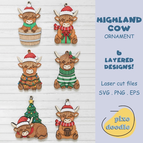 Layered Highland Cow Ornament SVG Bundle, Cute Cow Christmas Laser Cut File, Farmhouse Scottish Cow, Baby Cow SVG, Western Glowforge Decor