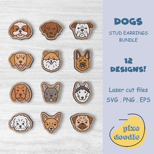 Hund Ohrringe SVG Bundle | Niedliche Hundestecker wie Bulldogge, Schäferhund, Labrador, Husky, Shih Tzu, Mops Ohrstecker glühen und schmelzen Laser cut Datei