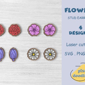 Bloemen stud oorbellen SVG-bundel | Bloemen glowforge klaar lasergegraveerd oorbelbestand | Digitale bestanden roos, tulp, madeliefje oorstekers