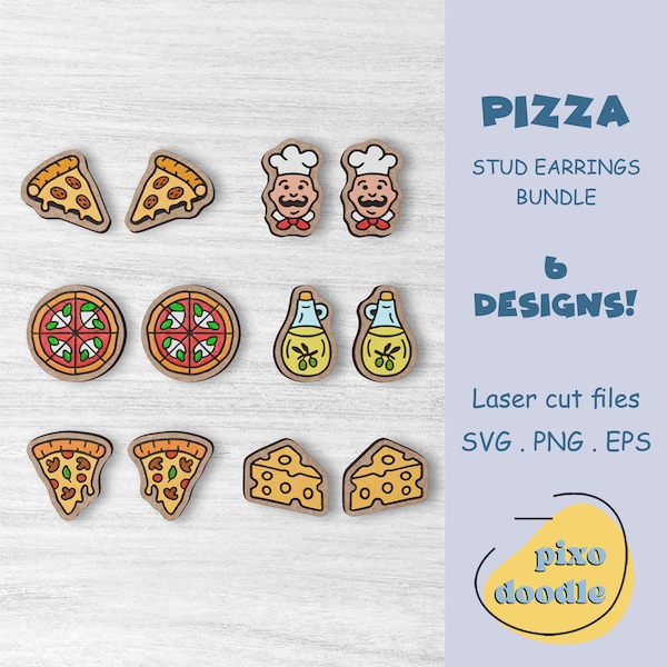 Pizza earrings SVG bundle | Italian food, cute pizza slice, olive oil, margherita pizza, cheese stud earrings glowforge ready laser cut file