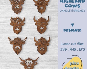 Highland cow earrings SVG file | Highland cows cutout dangle earrings glowforge ready laser cut file | Earrings laser file