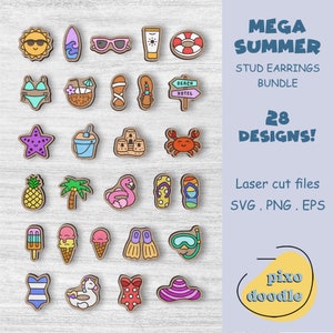 Paquete SVG de pendientes de verano / Pendientes de botón de verano y playa, archivo de corte láser listo para Glowforge / Archivo láser para pendientes