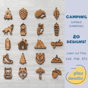 May include: A selection of 20 laser-cut wooden dangle earring designs with a camping theme. Designs include a campfire, pine cone, hedgehog, wolf, lantern, owl, sleeping bag, cabin, tent, canoe, boot, tree, bear, mountains, backpack, fox, mushroom, and acorn.