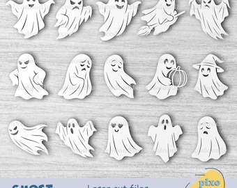 ハロウィンゴーストバンドルSVG | 15体の吊り下げゴーストレーザーカットファイル | GlowforgeゴーストバンドルSVG | ハロウィンサインカットファイル