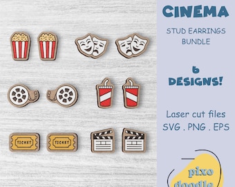 Movie stud earrings SVG bundle | Cinema, film, movie, popcorn stud earrings glowforge ready laser cut file | Earrings laser file