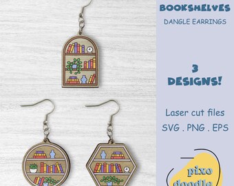 Bookshelf earrings SVG file | Bookshelves, books dangle earrings glowforge ready laser cut file