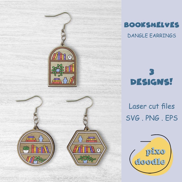 Bookshelf earrings SVG file | Bookshelves, books dangle earrings glowforge ready laser cut file