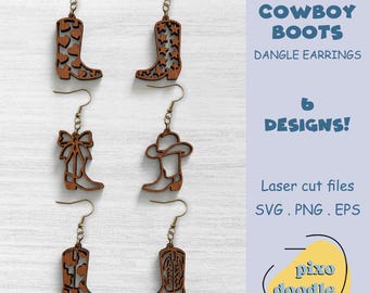 Cowboy Boot Earring SVG Bundle, 6 Country Dangle Laser Files, Western Boot with Bow, Stars & Hearts for Glowforge, Coquette Cowboy Boot SVG