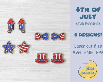 Fichier SVG de boucles d'oreilles du 4 juillet | Lot de 4 boucles d'oreilles patriotiques prêtes à être découpées au laser pour la forge luminescente
