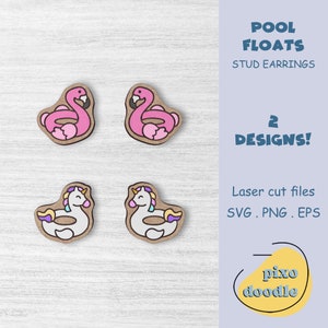 May include: Two pairs of laser cut wooden stud earrings. One pair features a pink flamingo pool float and the other pair features a white unicorn pool float. The earrings are designed for crafting and are available in SVG, PNG, and EPS file formats.