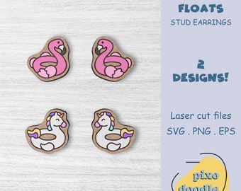 Pool float earrings SVG file | Summer, pool, flamingo and unicorn pool floats stud earrings glowforge ready laser cut file