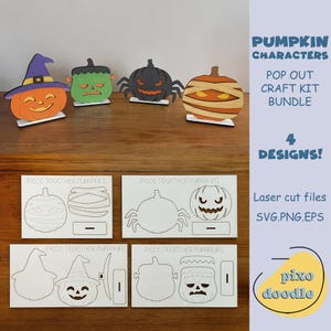 以下が含まれることがあります： ハロウィーンをテーマにしたクラフトキットバンドル。4つのポップアウトパンプキンキャラクターのデザイン。キャラクターには、魔女、フランケンシュタイン、クモ、ミイラが含まれます。キットには、SVG、PNG、EPS形式のレーザーカットファイルが含まれています。