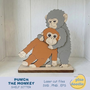Punch Affe Kantensitzer SVG | Viral Baby Affe und Spielzeug Mutter 3D Laser Cut Datei | Geschichtete Kinderzimmer Dekoration für Glowforge