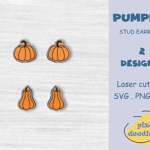 May include: Two pairs of pumpkin stud earrings. The first pair is a simple pumpkin shape. The second pair is a more detailed pumpkin shape with a stem and a leaf. The earrings are laser cut and come in SVG, PNG, and EPS formats.