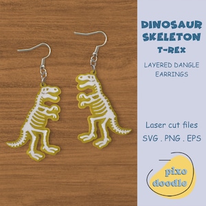 T-rex skelet oorbellen SVG-bestand | Gelaagd dinosaurusskelet, fossiele hangoorbellen glowforge klaar lasergesneden bestand | Oorbellen laserbestand