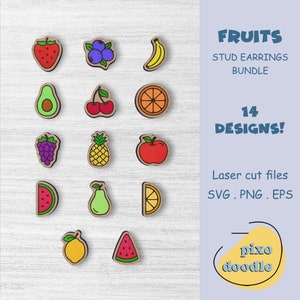 Lot de boucles d'oreilles fruits SVG | Puces d'oreilles fraises, myrtilles, bananes, avocats, cerises, raisins, pastèques prêtes à être découpées au laser