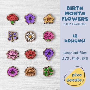 Geboortebloemen oorbellen SVG-bundel | Bloemen geboortemaand, viooltje, madeliefje, roos, waterlelie, klaproos oorknopjes glowforge klaar lasergesneden bestand