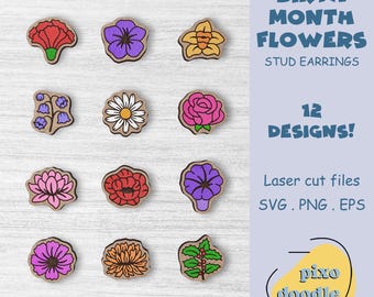 Birth flowers earrings SVG bundle | Birth month flowers, Violet, Daisy, Rose, Water lily, Poppy stud earrings glowforge ready laser cut file