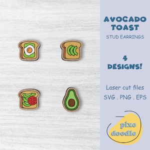 May include: Wooden stud earrings featuring avocado toast designs. The earrings include four different designs: toast with an egg, avocado slices, tomato and greens, and a whole avocado. The text on the image says "Avocado Toast Stud Earrings" and "4 Designs!"