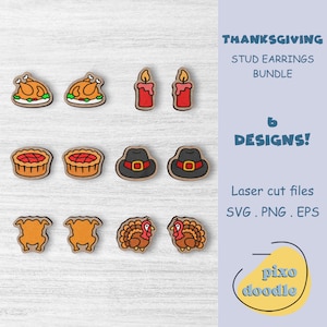 Thanksgiving earrings SVG bundle | Thanksgiving turkey, pie, candle, pilgrim hat, roast turkey stud earrings glowforge ready laser cut file